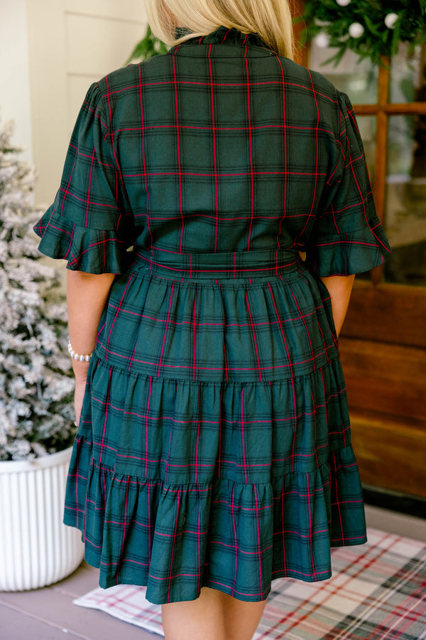 Chic Soul plus size clothing, green and red plaid short ruffle sleeve button up dress with ruffles on the collar and a tie belt waist