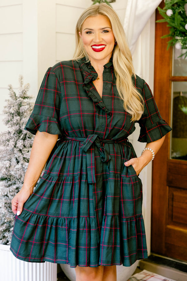 Chic Soul plus size clothing, green and red plaid short ruffle sleeve button up dress with ruffles on the collar and a tie belt waist