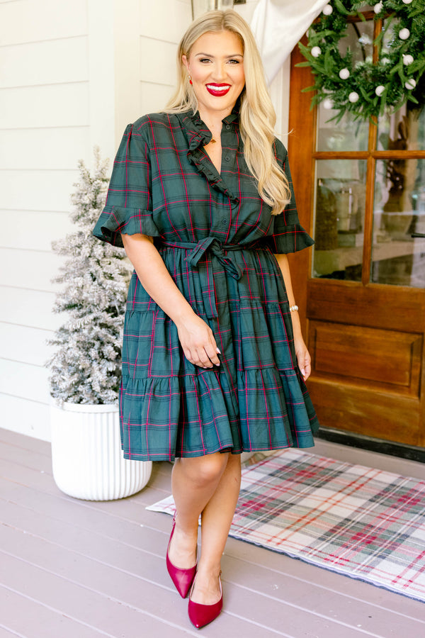 Chic Soul plus size clothing, green and red plaid short ruffle sleeve button up dress with ruffles on the collar and a tie belt waist