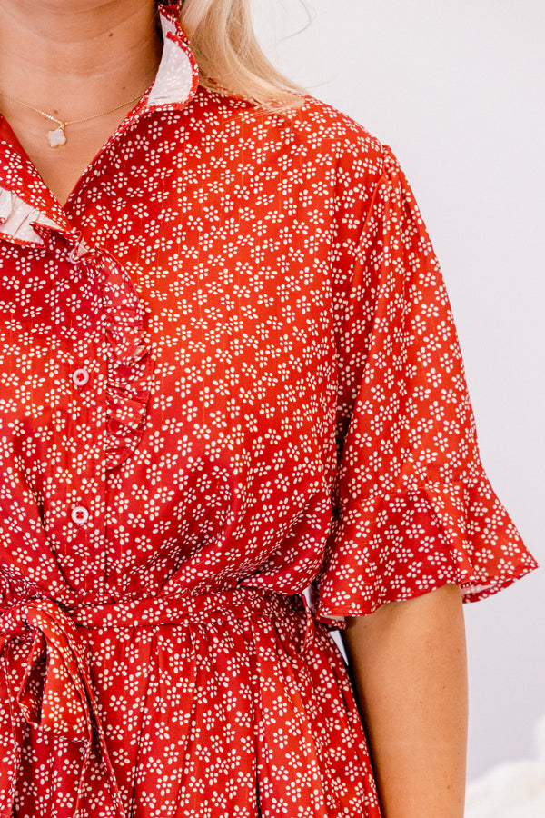 Chic Soul plus size clothing, red and white small floral print short ruffle sleeve flowy tiered dress with buttons down the front