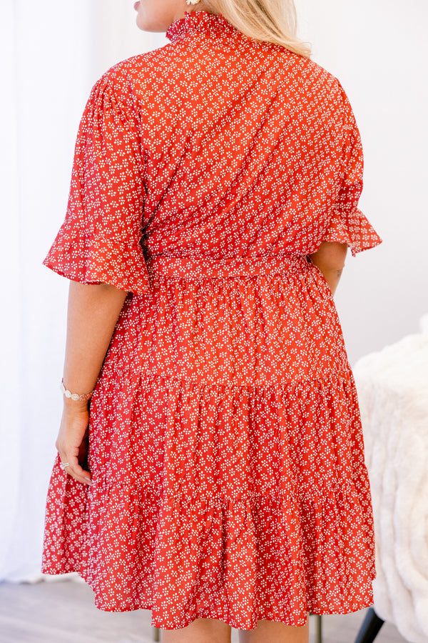 Chic Soul plus size clothing, red and white small floral print short ruffle sleeve flowy tiered dress with buttons down the front