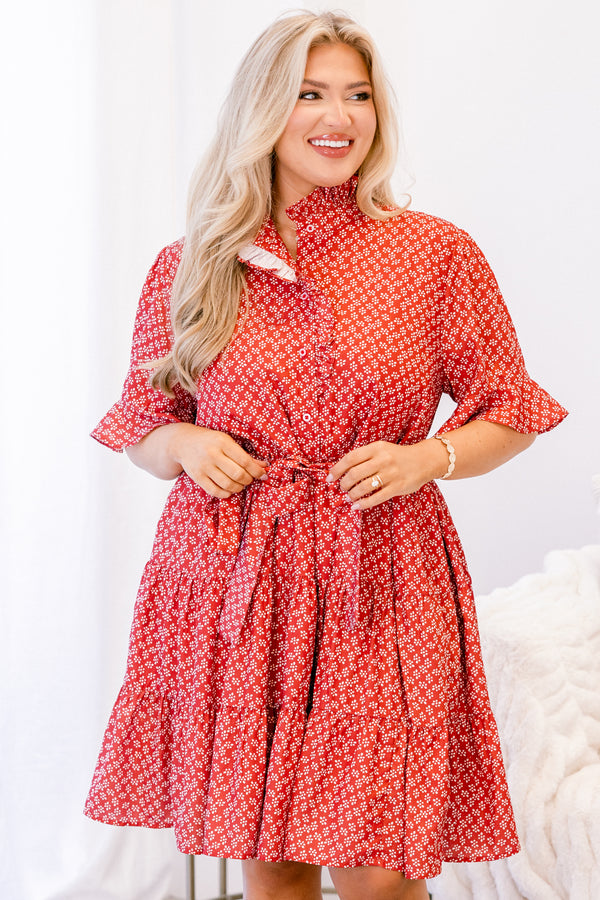 Chic Soul plus size clothing, red and white small floral print short ruffle sleeve flowy tiered dress with buttons down the front
