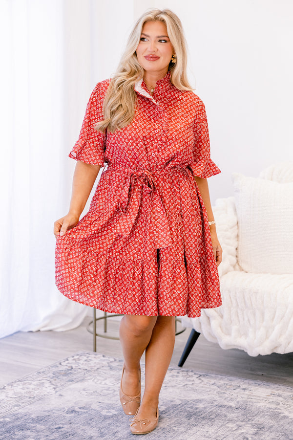Chic Soul plus size clothing, red and white small floral print short ruffle sleeve flowy tiered dress with buttons down the front