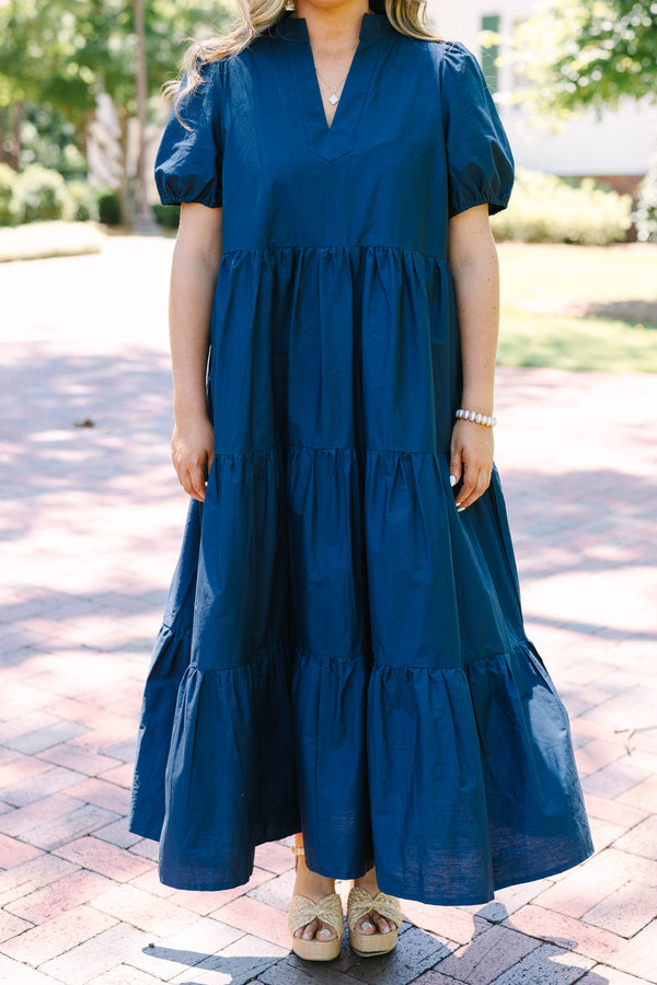 Plus Size deep navy tiered maxi dress with a v-neckline and short puff sleeves.