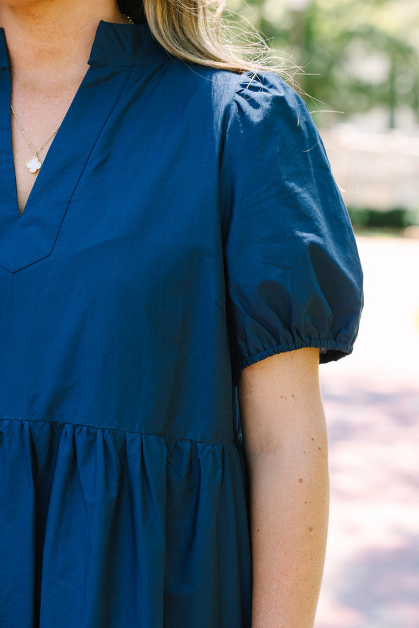 Plus Size deep navy tiered maxi dress with a v-neckline and short puff sleeves.