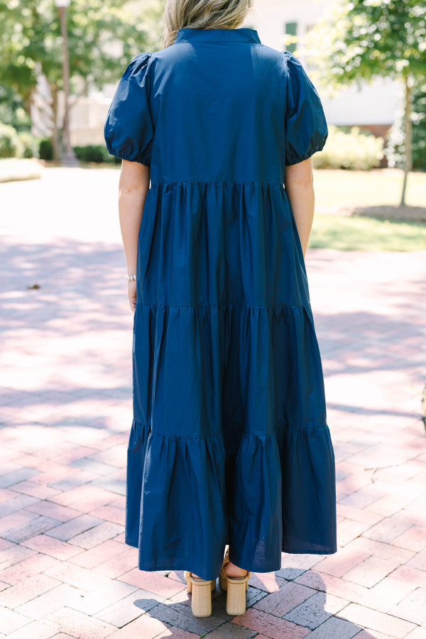 Plus Size deep navy tiered maxi dress with a v-neckline and short puff sleeves.