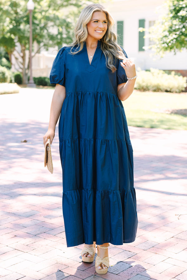 Plus Size deep navy tiered maxi dress with a v-neckline and short puff sleeves.
