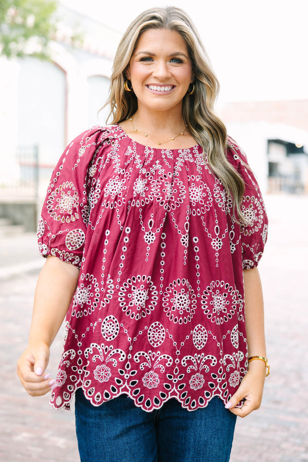 Plus Size burgundy eyelet top with elastic bubble sleeves and a scalloped hem.