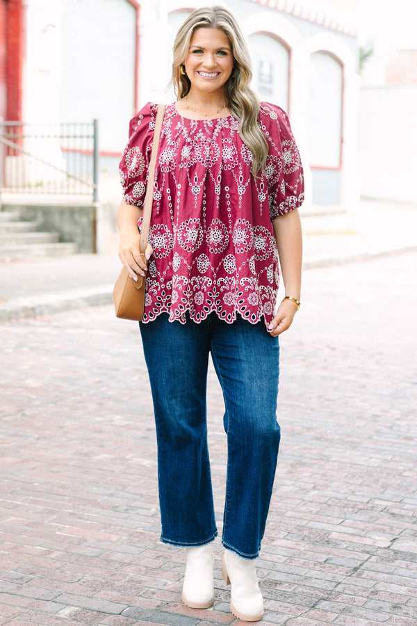 Plus Size burgundy eyelet top with elastic bubble sleeves and a scalloped hem.