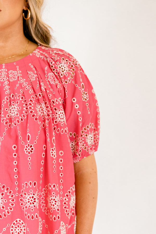 Chic Soul plus size clothing, pink short puff sleeve top with white eyelet detailing 