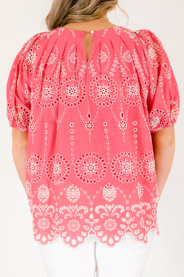 Chic Soul plus size clothing, pink short puff sleeve top with white eyelet detailing 