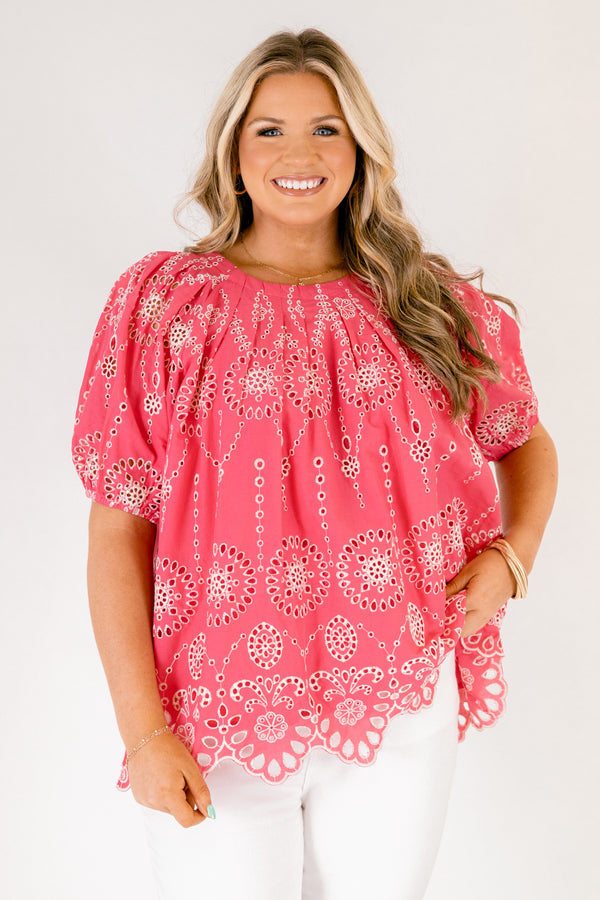 Chic Soul plus size clothing, pink short puff sleeve top with white eyelet detailing 