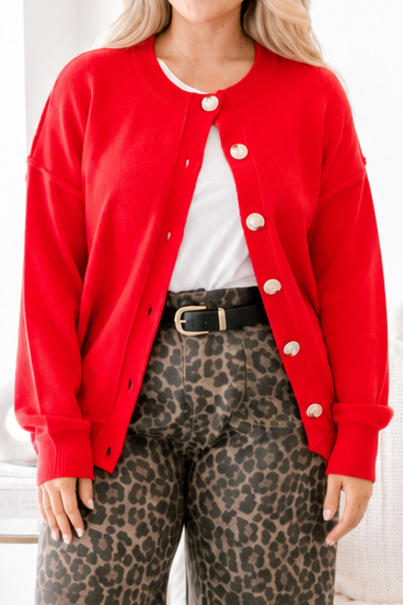 Chic Soul plus size clothing, red long sleeve button up cardigan with light wooden buttons