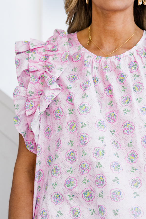 Chic Soul plus size clothing, pink flutter sleeve small floral tops