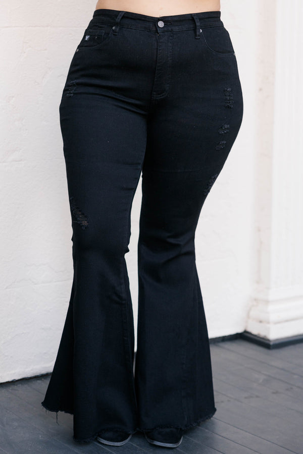 Chic Soul plus size clothing, black flare jeans with a distressed hemline
