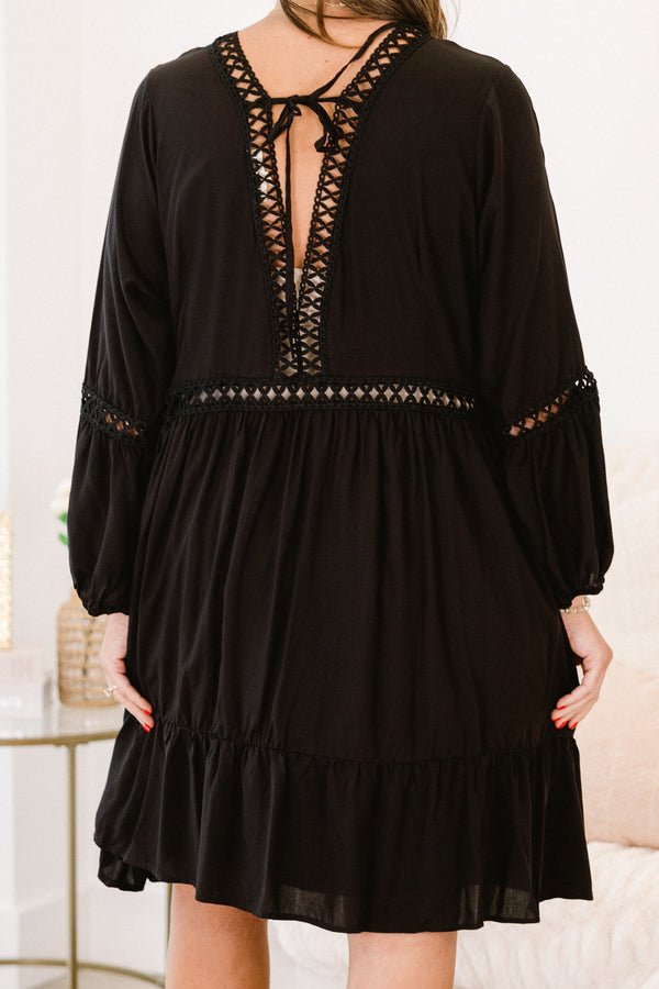 dress, short, three quarter sleeve, vneck, stitched detail, flowy, black, solid, comfy