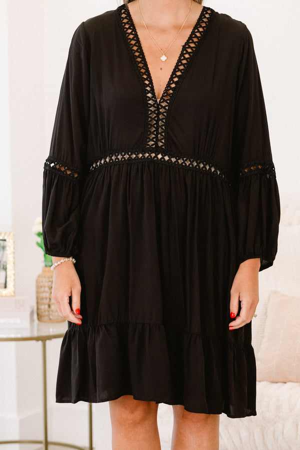 dress, short, three quarter sleeve, vneck, stitched detail, flowy, black, solid, comfy