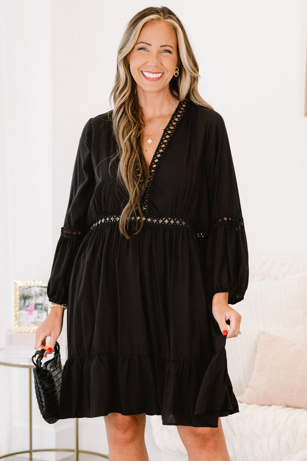 dress, short, three quarter sleeve, vneck, stitched detail, flowy, black, solid, comfy