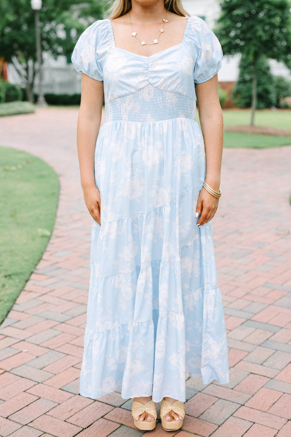 Plus Size baby blue floral maxi dress with puff sleeves, a smocked bodice, and a tiered skirt.