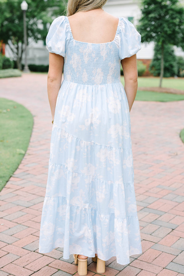 Plus Size baby blue floral maxi dress with puff sleeves, a smocked bodice, and a tiered skirt.
