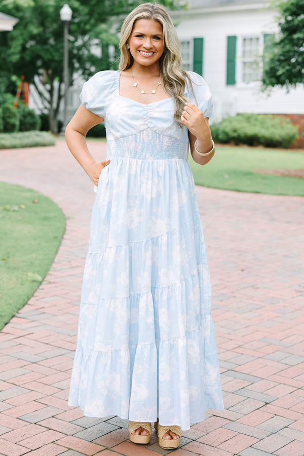 Plus Size baby blue floral maxi dress with puff sleeves, a smocked bodice, and a tiered skirt.