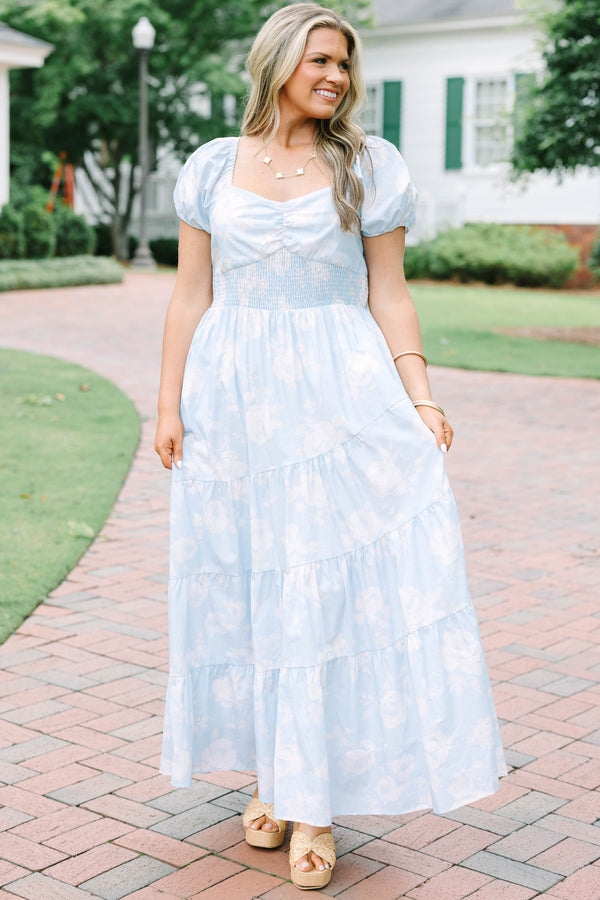 Plus Size baby blue floral maxi dress with puff sleeves, a smocked bodice, and a tiered skirt.