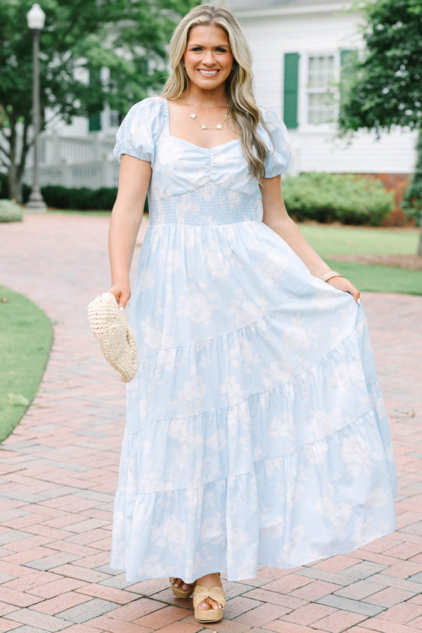 Plus Size baby blue floral maxi dress with puff sleeves, a smocked bodice, and a tiered skirt.
