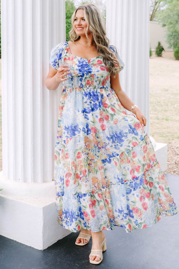 Chic Soul plus size clothing, light blue short puff sleeve maxi dress with blue, green, and coral pink floral pattern 