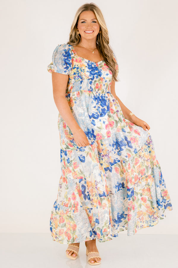 Chic Soul plus size clothing, light blue short puff sleeve maxi dress with blue, green, and coral pink floral pattern 