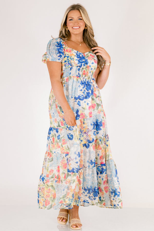 Chic Soul plus size clothing, light blue short puff sleeve maxi dress with blue, green, and coral pink floral pattern 