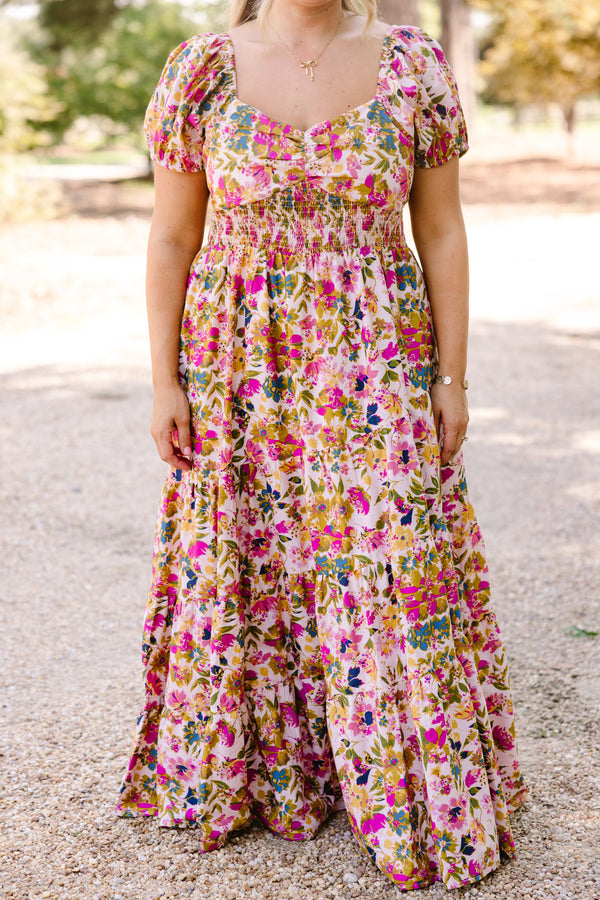 Chic Soul plus size clothing, multi colored floral print flowy tiered maxi dress with short puff sleeves and a sweetheart neckline