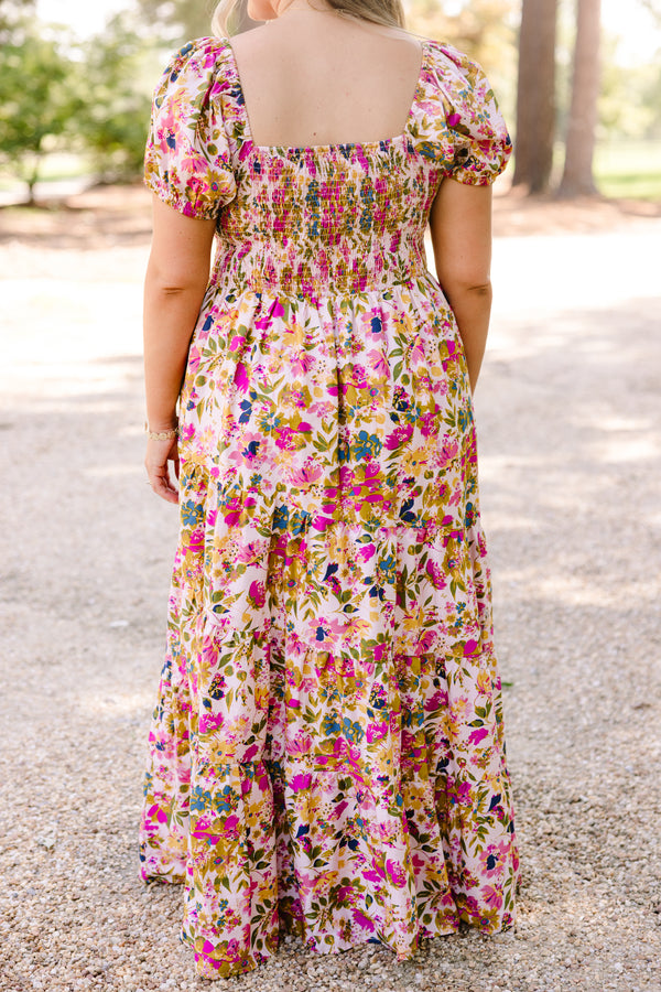 Chic Soul plus size clothing, multi colored floral print flowy tiered maxi dress with short puff sleeves and a sweetheart neckline