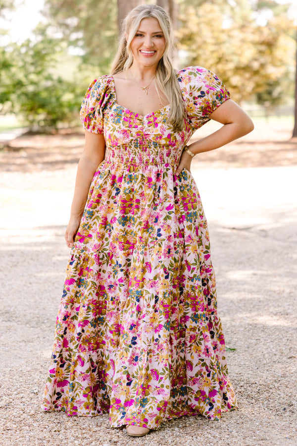Chic Soul plus size clothing, multi colored floral print flowy tiered maxi dress with short puff sleeves and a sweetheart neckline