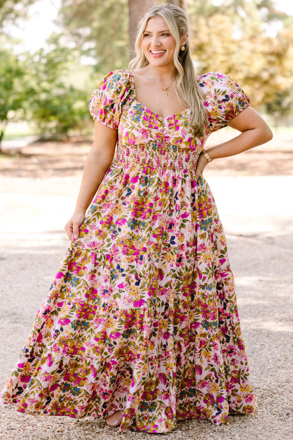 Chic Soul plus size clothing, multi colored floral print flowy tiered maxi dress with short puff sleeves and a sweetheart neckline