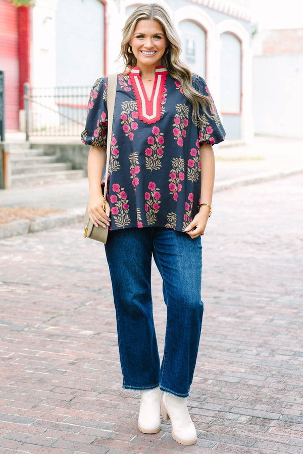 Plus Size black floral cotton top with bubble puff sleeves and a pink scalloped slit V-neckline.