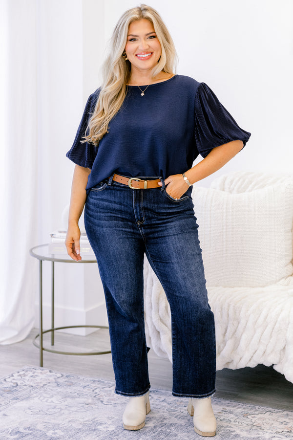 Chic Soul plus size clothing, short sleeve navy top with high scoop-neckline and navy striped puffed sleeves