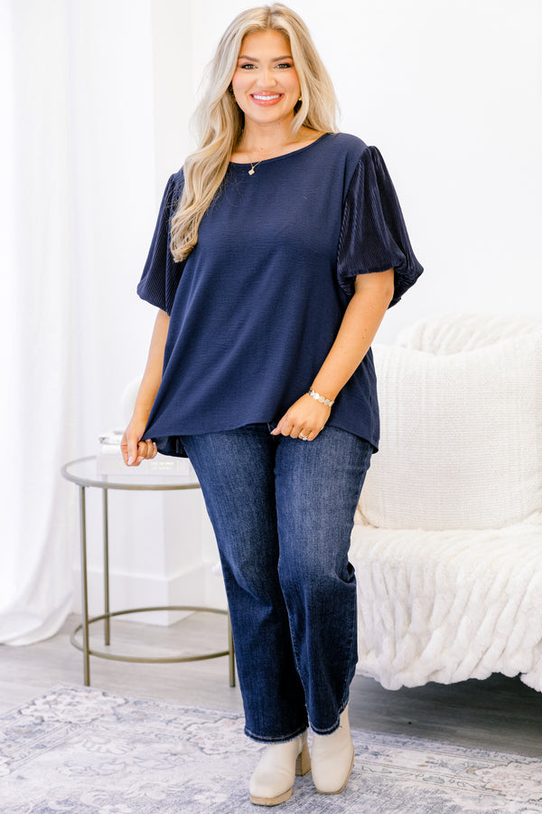 Chic Soul plus size clothing, short sleeve navy top with high scoop-neckline and navy striped puffed sleeves