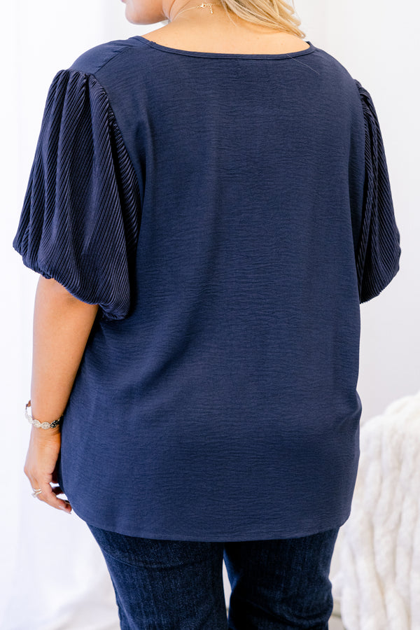 Chic Soul plus size clothing, short sleeve navy top with high scoop-neckline and navy striped puffed sleeves
