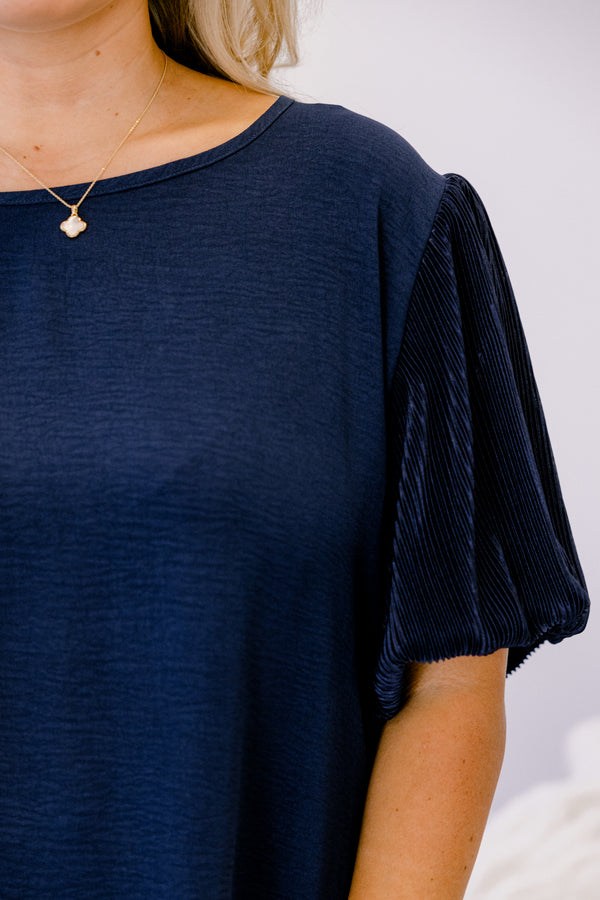 Chic Soul plus size clothing, short sleeve navy top with high scoop-neckline and navy striped puffed sleeves