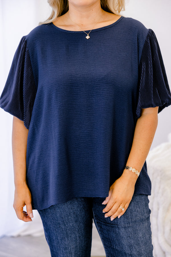 Chic Soul plus size clothing, short sleeve navy top with high scoop-neckline and navy striped puffed sleeves