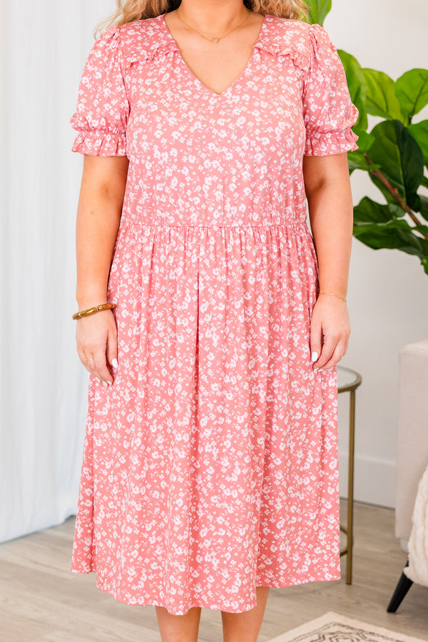 Chic Soul plus size clothing, pink short sleeve midi dress with v neckline and small white floral print