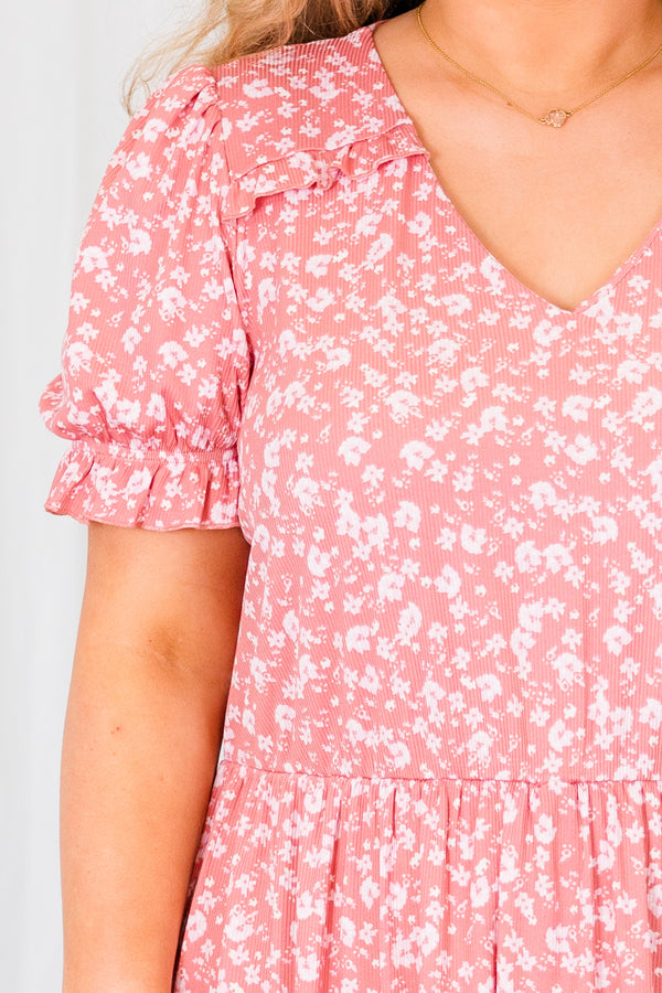 Chic Soul plus size clothing, pink short sleeve midi dress with v neckline and small white floral print