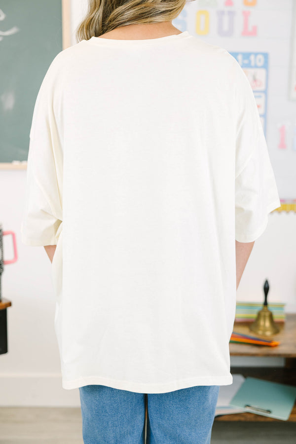Plus size ivory oversized cotton boyfriend tee with a colorful busy bee graphic.