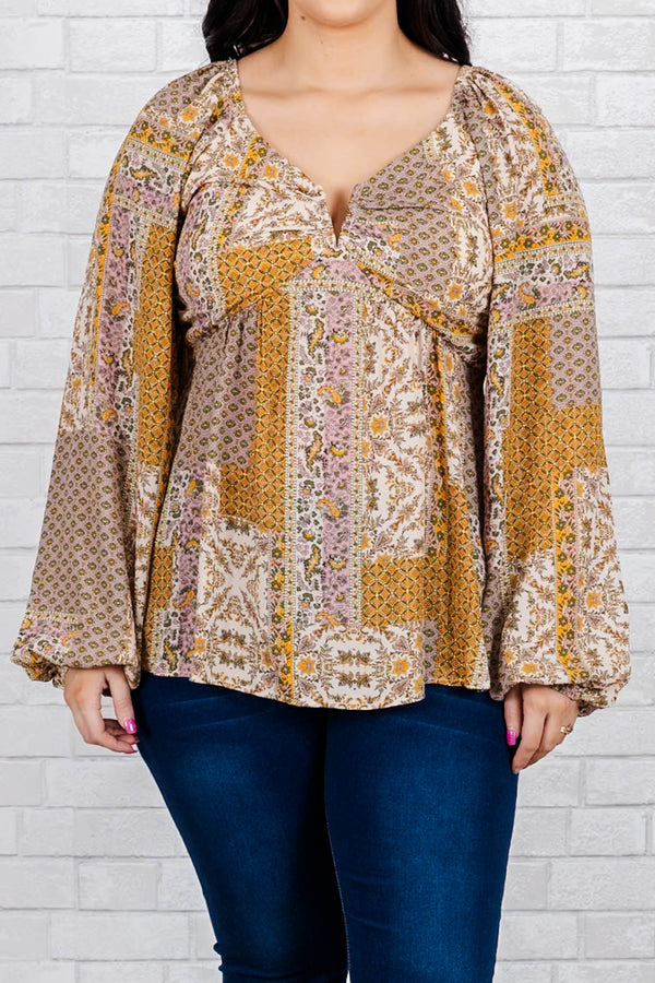 Chic Soul plus size clothing, beige multicolor abstract color block pattern babydoll blouse with bubble sleeves