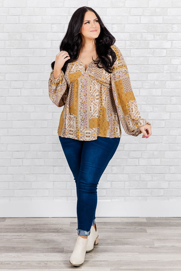 Chic Soul plus size clothing, beige multicolor abstract color block pattern babydoll blouse with bubble sleeves