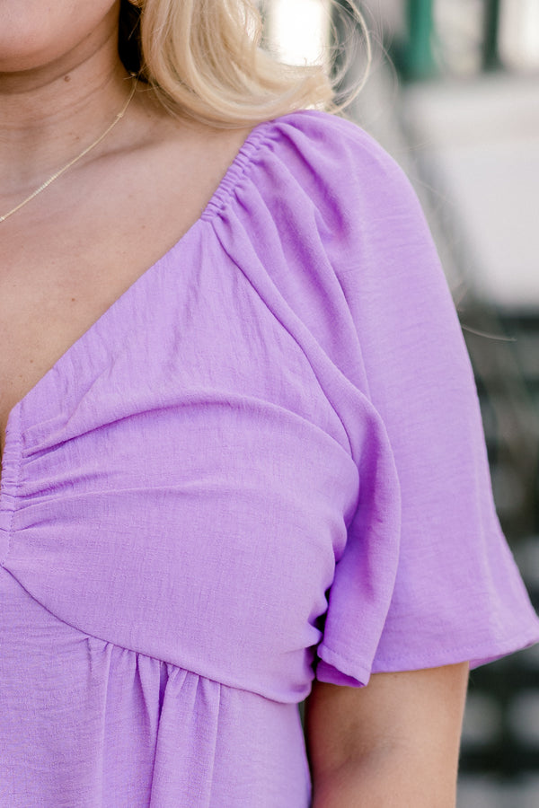 Chic Soul plus size clothing, purple flutter sleeve baby doll top with a deep structured v cutout 