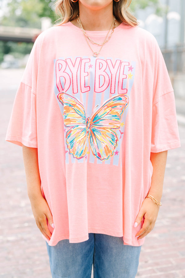 Plus Size neon coral pink boyfriend tee with a butterfly graphic and 