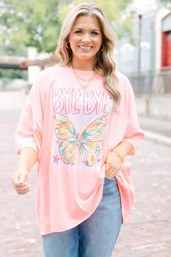 Plus Size neon coral pink boyfriend tee with a butterfly graphic and 