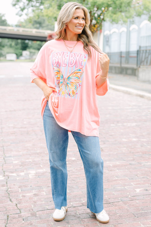Plus Size neon coral pink boyfriend tee with a butterfly graphic and 