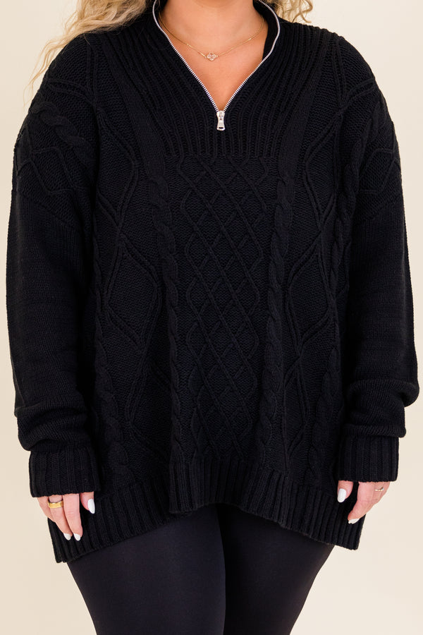 Chic Soul plus size clothing, black long sleeve cable knit zip up sweater with silver zipper and cuff sleeves